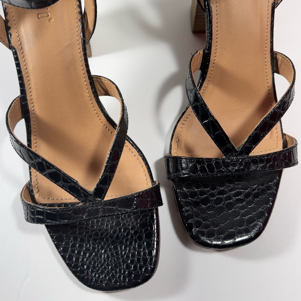 Crevo Kaitlin Black Crocodile Block Heel Strappy Sandals